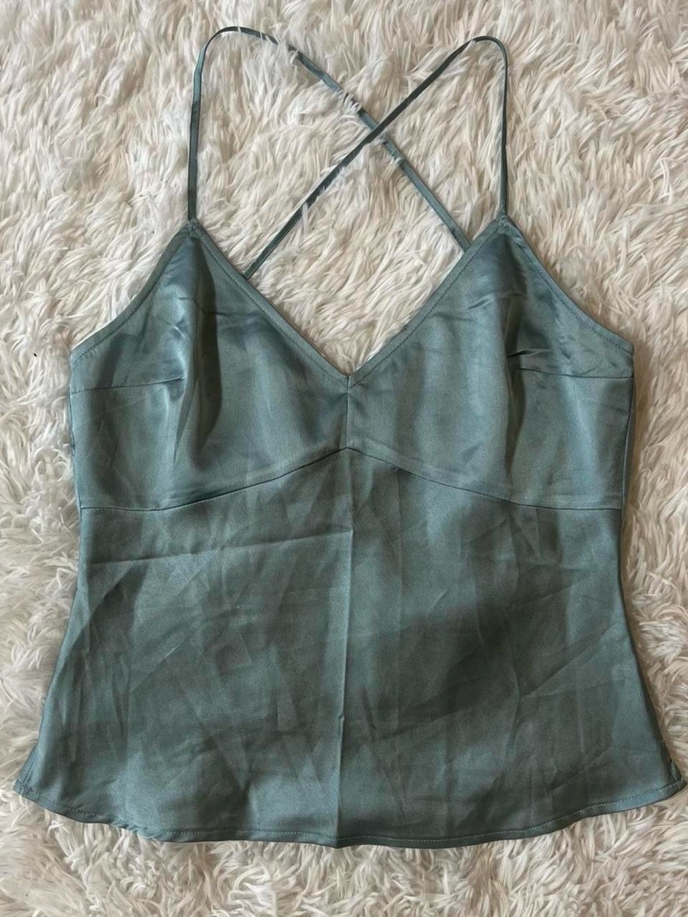 Abercrombie & Fitch Satin V-Neck Cami Top with Crossback Straps - dusty blue
